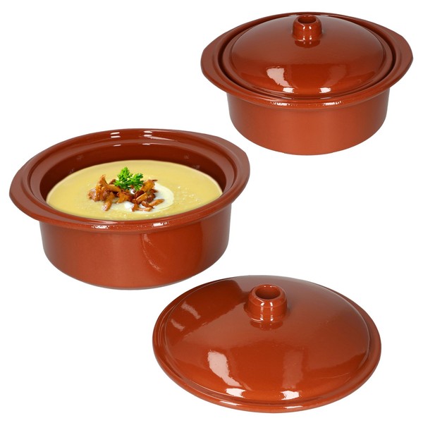 2Er Ton-Topf + Deckel 1,6L Mediterran Cocotte Kochtopf Schmortopf Mittelalter-image
