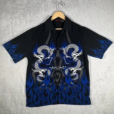 VTG Level Ten Shirt Mens M 90s Dragon Flames Button Up All Over Print