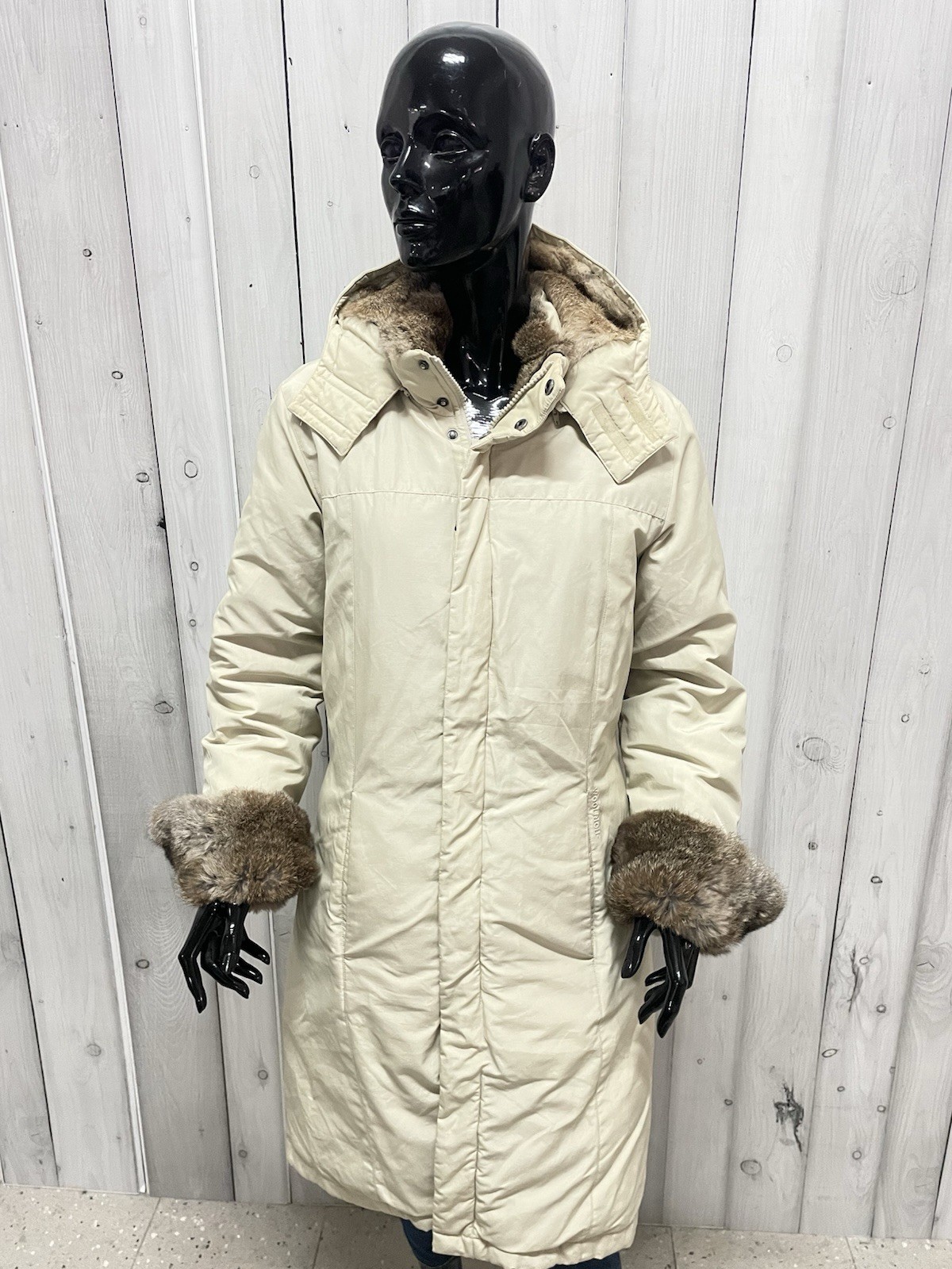 Womens Woolrich Original Parka Long Down Jacket Beige Size XL Rabbit Fur