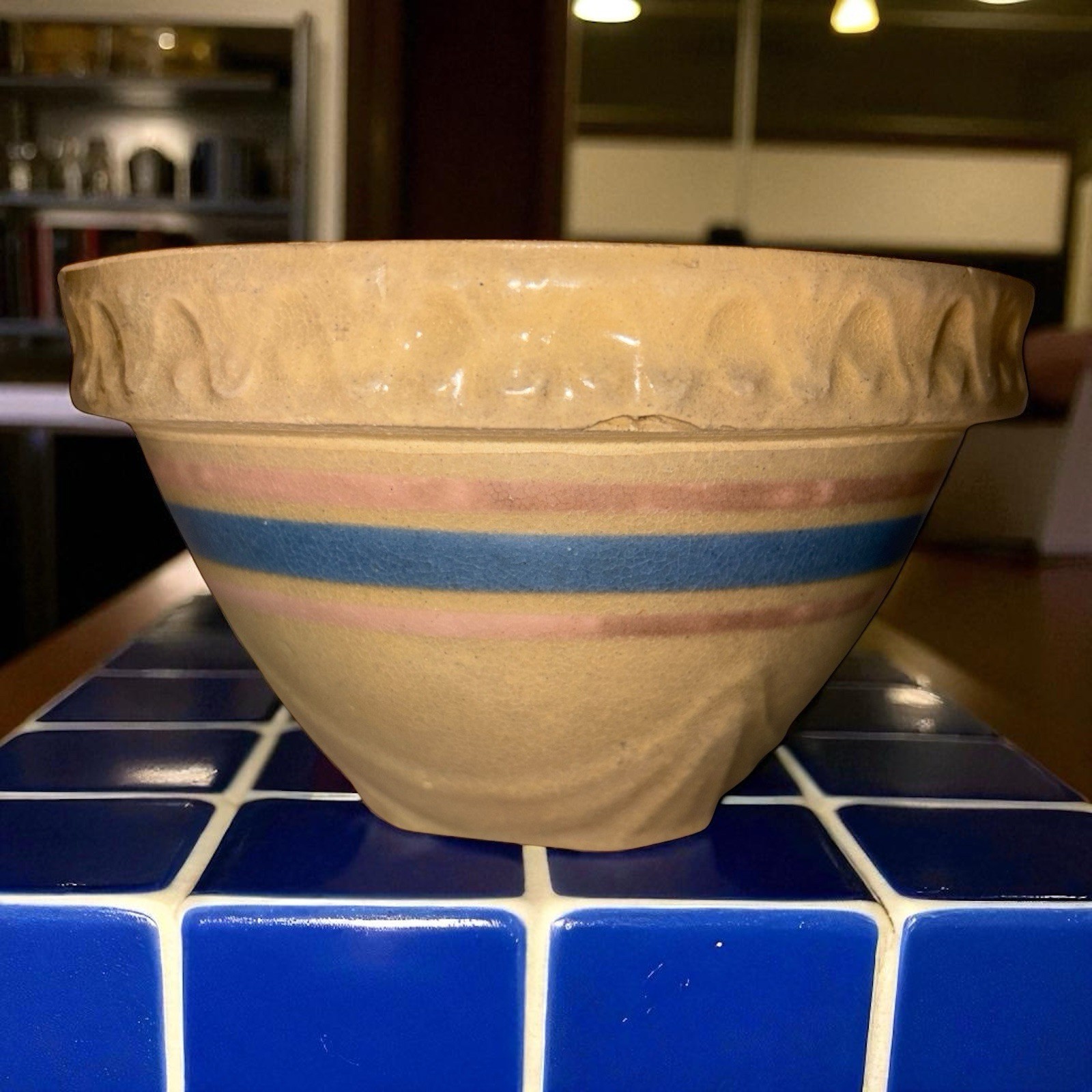 Vintage 6.5” McCoy Mixing Bowl Yellow Ware Blue Pink Stripe