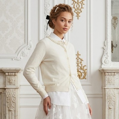 NWT H&M x Simone Rocha Wool Silk-Blend Cardigan in Ivory Pearl Trim Sweater S