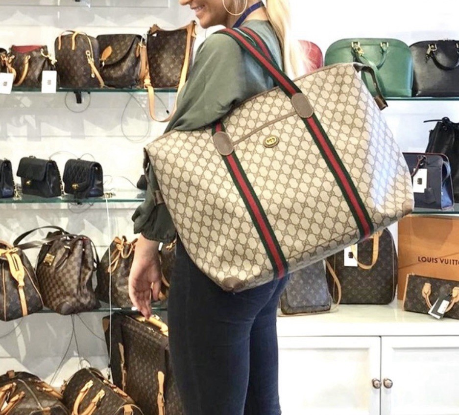 GUCCI Authentic Web Sherry Line Boston Bag Travel Bag XL tote Monogram Brown thumbnail 2