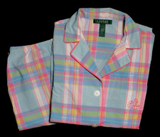 RALPH LAUREN 100 COTTON WOMEN PJ SET TOP AND CAPRI PASTEL MULTI PLAID SZ. S