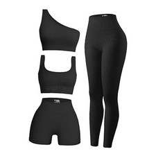 4 Piece Workout Sets For Women Ribbed Leggings Clothes Yoga Sets Large Black