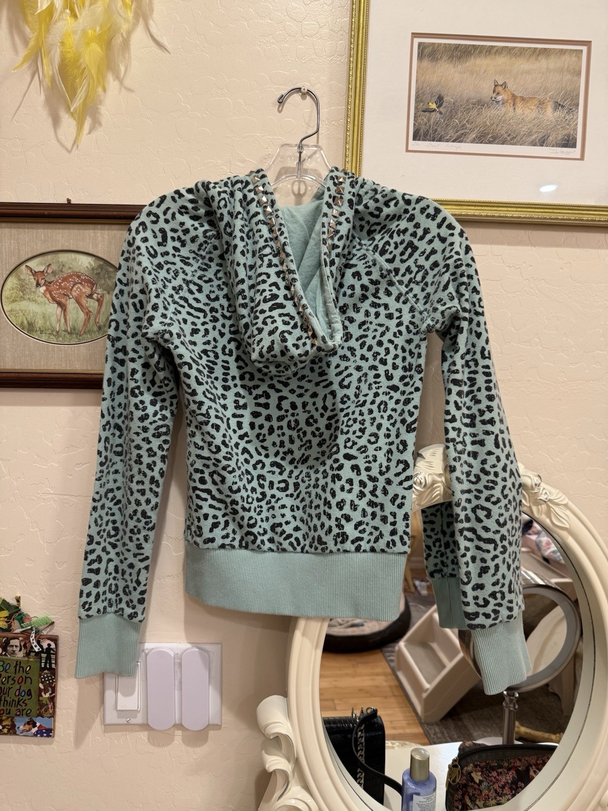 Custom Studded Abbey Dawn Inspired Divided H&M Teal Blue Leopard hoodie Sz 2