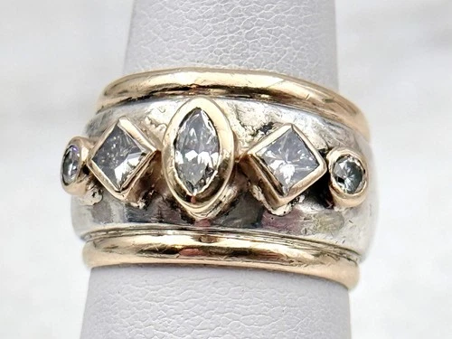 Vintage 10k Gold & Sterling Natural Diamond Wide Band Ring Sz 6.25