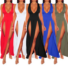 Women's Deep V Neck High Slit Maxi Long Dress Sexy Club Party Prom Dresses