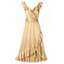 Show Me Your Mumu Samantha Ruffle Wrap Dress Womens M Gold Satin Wedding Guest