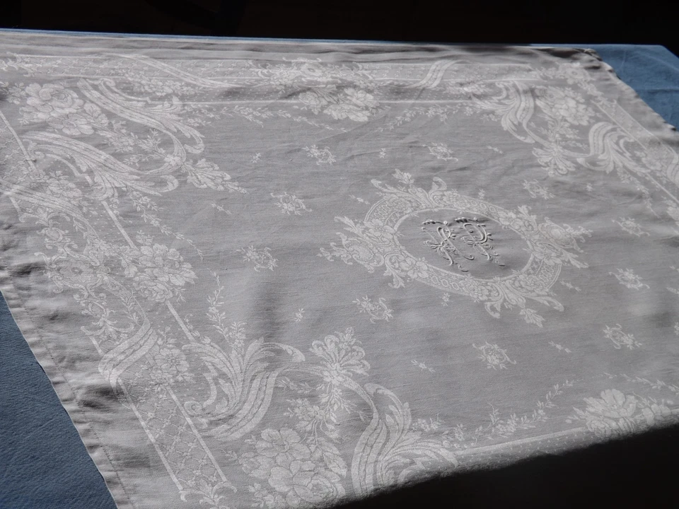 beau service, 11 serviettes + nappe, mono MP , PUR fil de lin, ancien - Photo 2/4