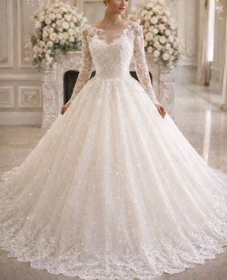 UK Langarm Glitzer Brautkleid A Linie Brautkleid Größe 6-22 weiß elfenbein