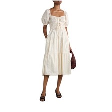 Ulla Johnson Cream Cotton Swiss Dot Puff Sleeve Midi Dress Size 0 Tiered Smocked