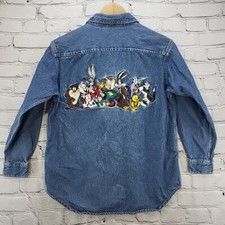 90s Looney Tunes Denim Shirt Acme Kids Sz L Long Sleeve Button-Up Rare 1993