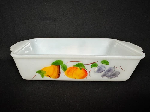 Vintage Fire King 409 Loaf Pan 1 qt Baking Dish Gay Fad Fruit Painted Pattern