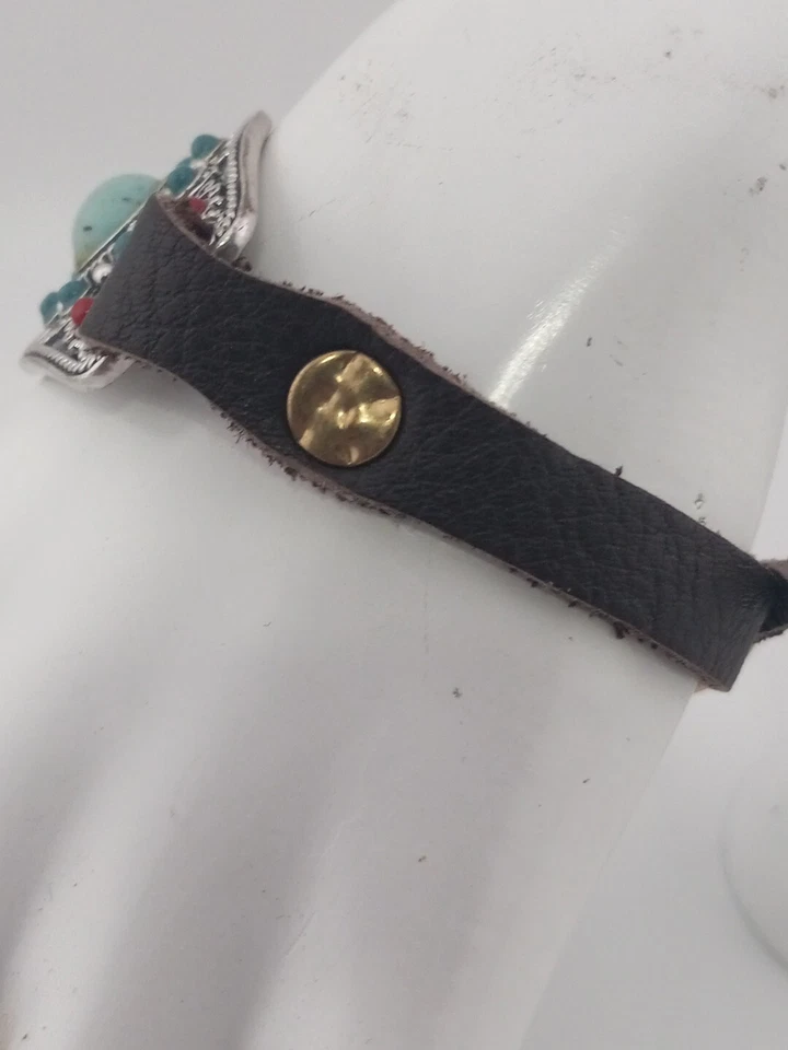 Pulsera LUCKY BRAND Diseño Piedras Azules Rojas Cuero Marrón Tono Plata/Dorado  Foto 3 de 4