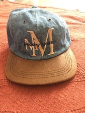 VINTAGE Mickey Mouse Hat Cap Blue Denim Leather Strap back Made In USA 90’s