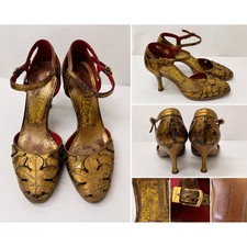 Vintage Ferragamo Gold Pewter Metallic Leather Heels Floral Cutout Sz 5.5 Italy