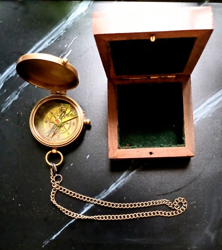 Brass Pocket Compass Vintage Style Navigational Chained Compass with Box - Gift