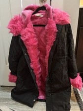 Womens Black Parka Jacket Hot Pink Faux Fur Lined Hood Snap Front Size S
