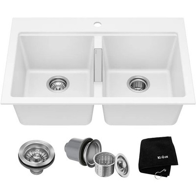 Kraus KGD-433 Quarza 33'' Double Basin Dual Mount (Drop In or - White