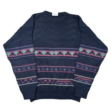 Vintage First Class Knit Jumper Round Neck Pattern Black Sweater Mens Medium