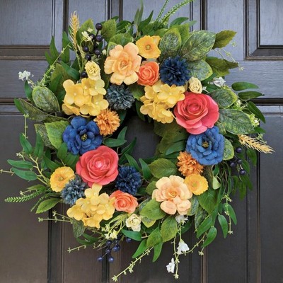 Summer Wreaths for Front Door, 22 Inch Summer Wreath with Roses & Hydrangeas,...