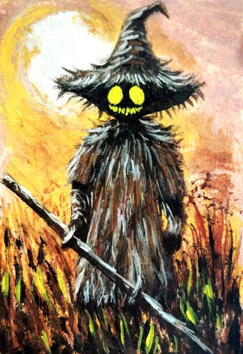 ACEO Original Painting Dark Fantasy Scarecrow Halloween Miniature Art Card OOAK