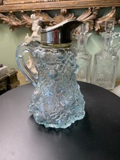 c1870-1900 EAPG Syrup Pitcher 4 part mold Pressed roses Glass Hinged Helmet Lid