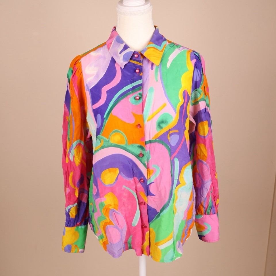 Gorman Womens Silk Blend Blouse Size 6 Multicolour Abstract Print Shirt
