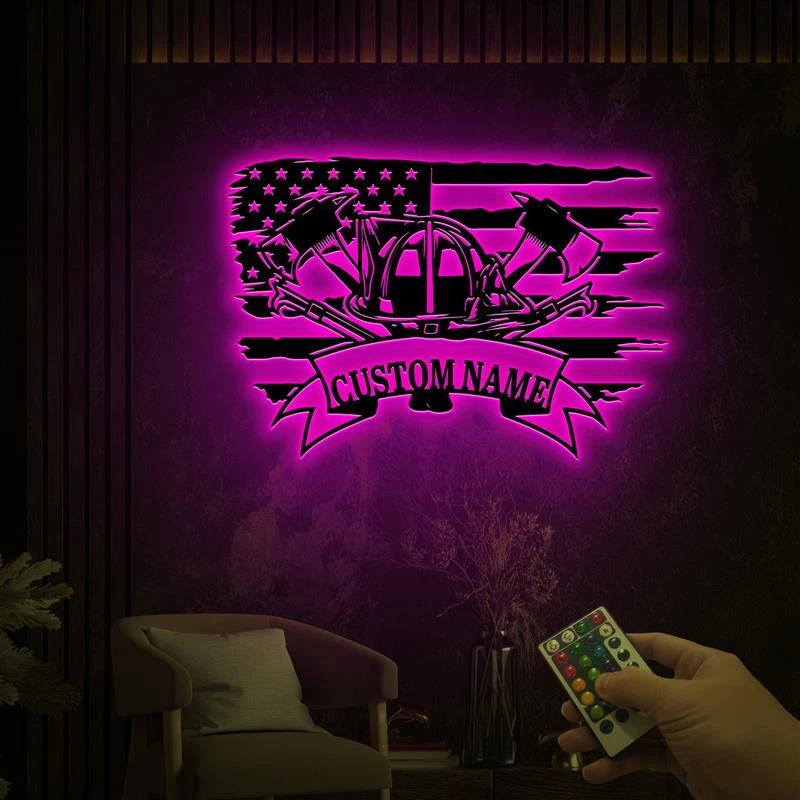 Arte de pared de metal de bombero personalizado con luces LED, letrero de casco de bombero Foto 2 de 4