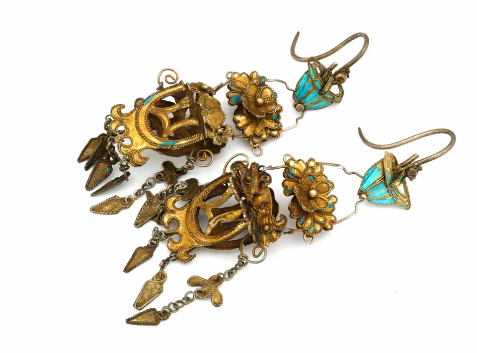 1900 年中国传统银镀金古董耳环 — 第 3/4 张图片