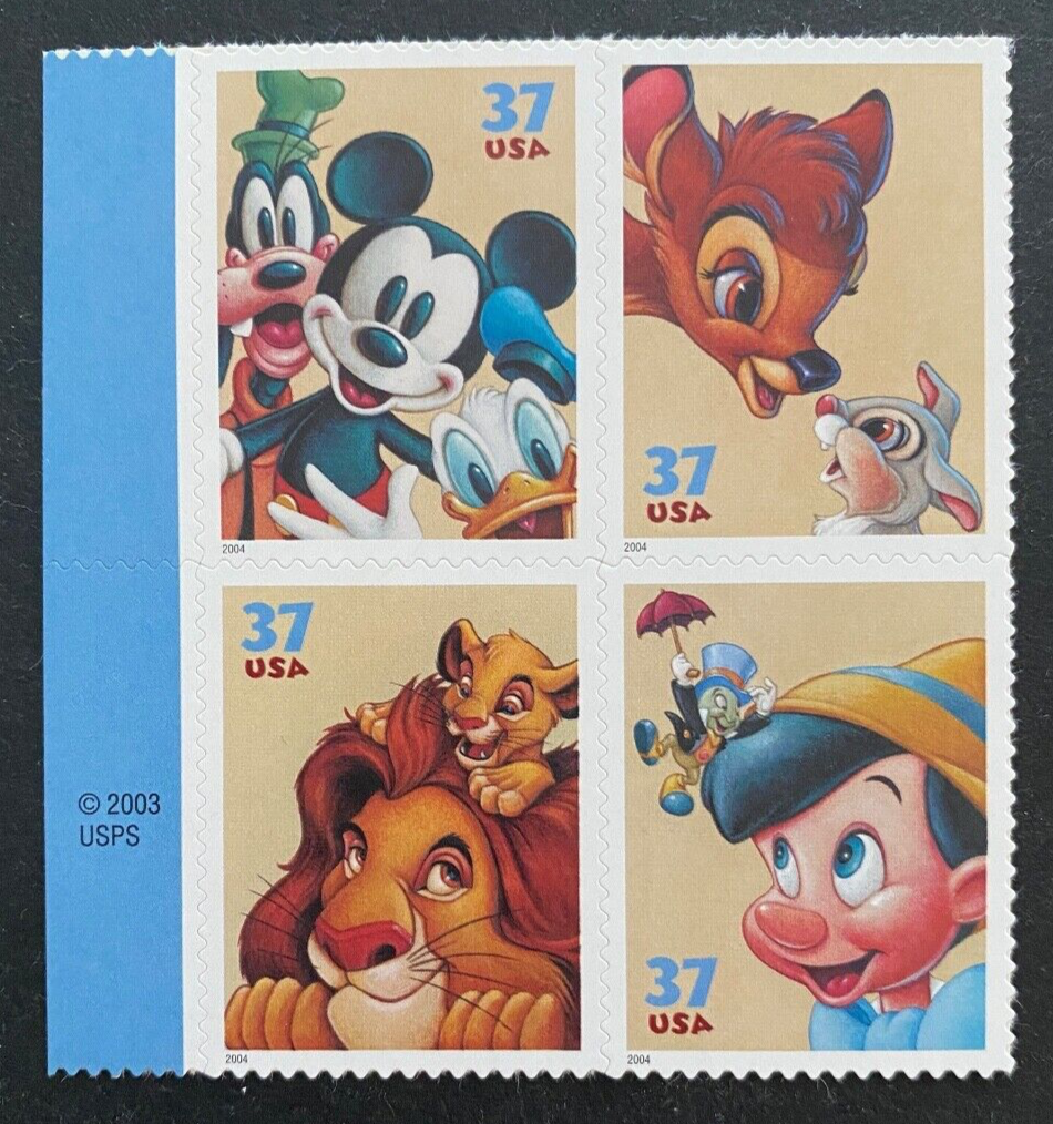 US Stamps, Scott #3865-68 The Art of Disney blk of 4 37c