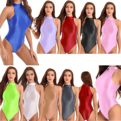 Damen Glänzend Bodys Einteiler Bademode Badeanzug ärmellos Fitness Sportbody