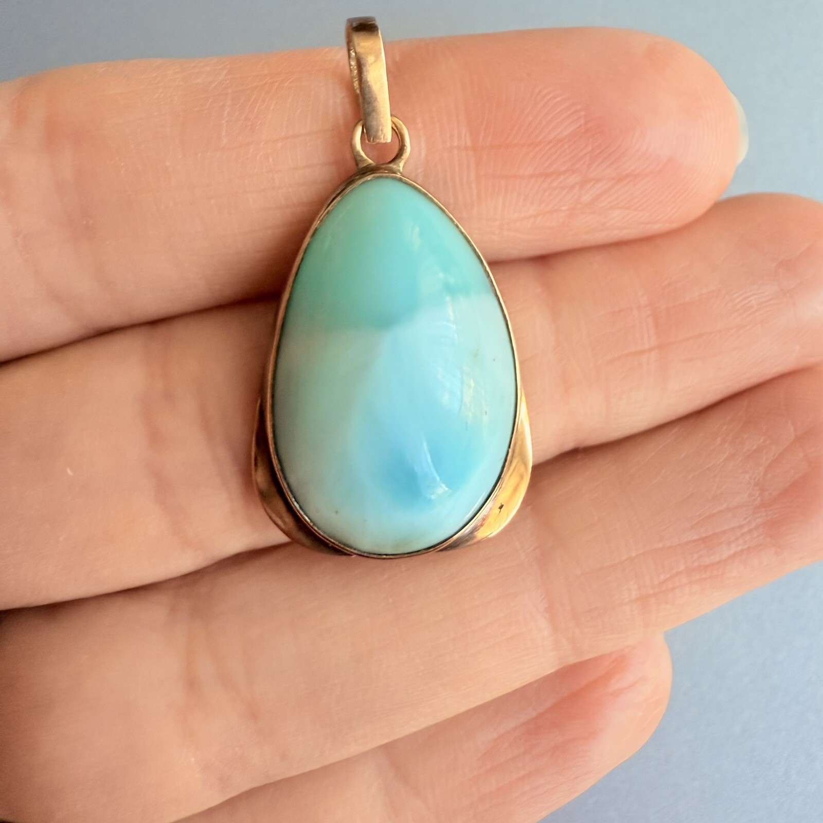14K Solid Rose Gold Larimar Teardrop Large Pendan… - image 6