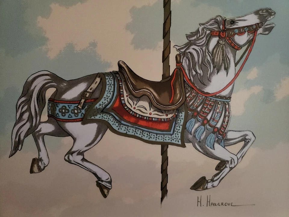 Serigrafia em tela assinada e emoldurada H Hargrove cavalo carrossel 12" x 16" - Imagem 4 de 4