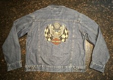 Vintage Harley Davidson Men&rsquo;s Large Denim Eagle Jacket/Bar & Shield/Victory Lane