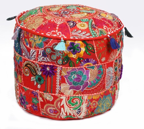 Red 17" Handmade Round Foot Stool Ottoman Pouf Cover Seating Pouffe Moroccan - Picture 5 of 6