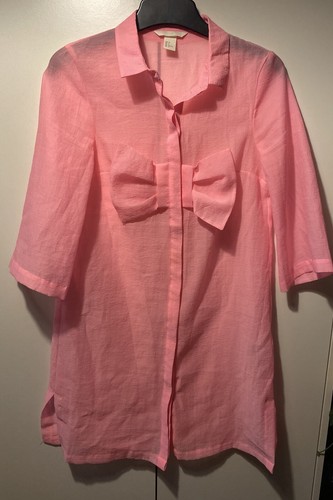 Pink H&M Eur 32 Button Up Collared Cute Pink Bow Front Shirt Womens Cute - Picture 14 of 24