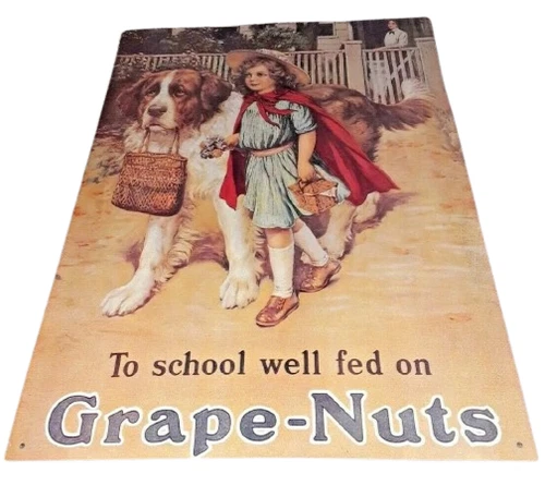 1991 Vintage Grape-Nuts Tin Sign To School well fed on Grape-Nuts Advertising
