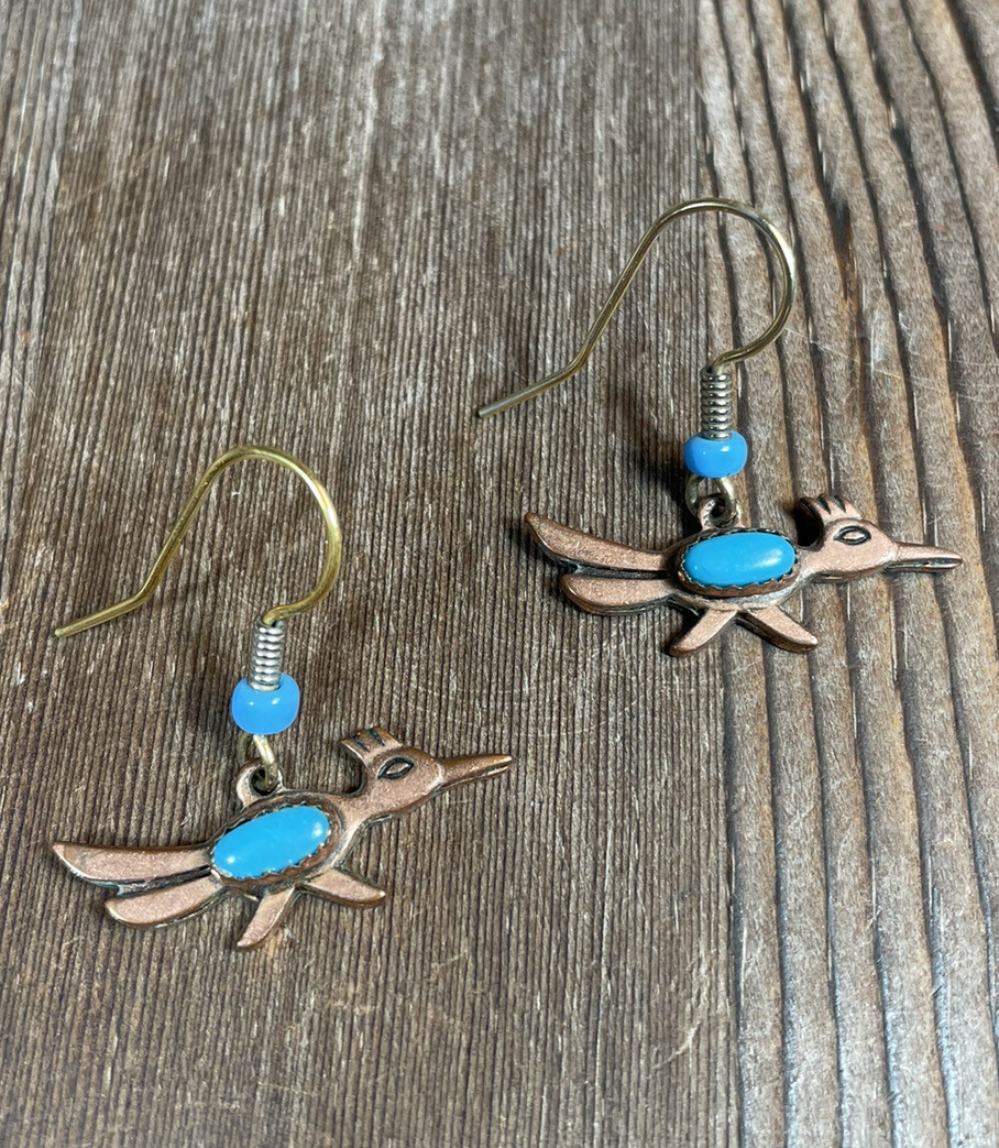 Solid Copper Turquoise Pierced Earrings Roadrunne… - image 1