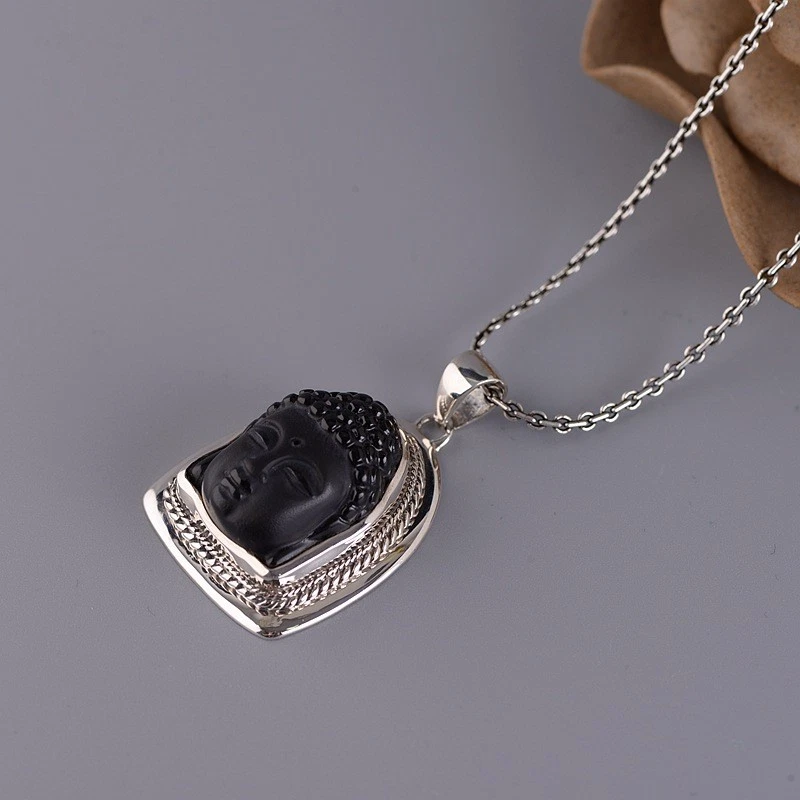 Colgante Cabeza de Buda Obsidiana Negra Tallada S925 Plata Protección Zen Amuleto Foto 4 de 4