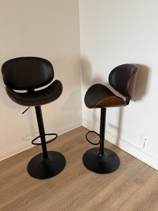 Set of 2 Adjustable Swivel Barstools Black Seat Dark Wood Back Footrest