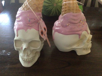 Summerween Skull Pink Melted Ice Cream Cone Decor