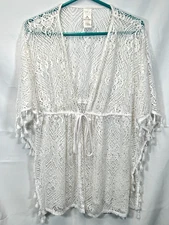Time And Tru Women's Medium 8-10 White Lace Knit Sheer Shawl Fringe Tassel