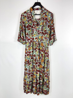BA&SH Kleid Damen Gr.0 Blumenmuster glänzend Midi 3/4 Arm Knopfleiste