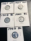 1942 Unc, 1942S AU+, 1944D BU, 1944S BU, 1945D BU Mercury Dimes -SILVER Coins