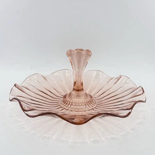 Vintage Pink Depression Glass Tidbit Tray Candy Dish Swirl Pattern Handle Center