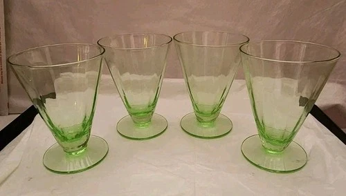Vintage Green Uranium Vaseline Depression Glass Small Dessert/Beverage Glasses