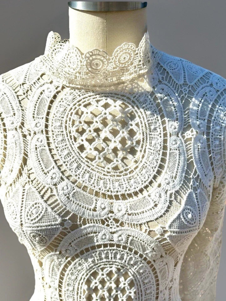 White Crochet Midi Pencil Dress Long Sleeve M/8 Geometric Bodycon Mock Neck - Image 4 of 4