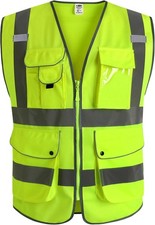 9-Pocket High Visibility Safety Vest with Zipper, ANSI/ISEA Approved, Large Y...