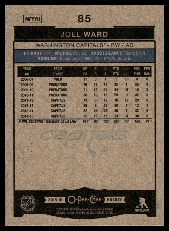 2015-16 O-Pee-Chee #85 Joel Ward Washington Capitals Hockey Card - Image 2 of 2